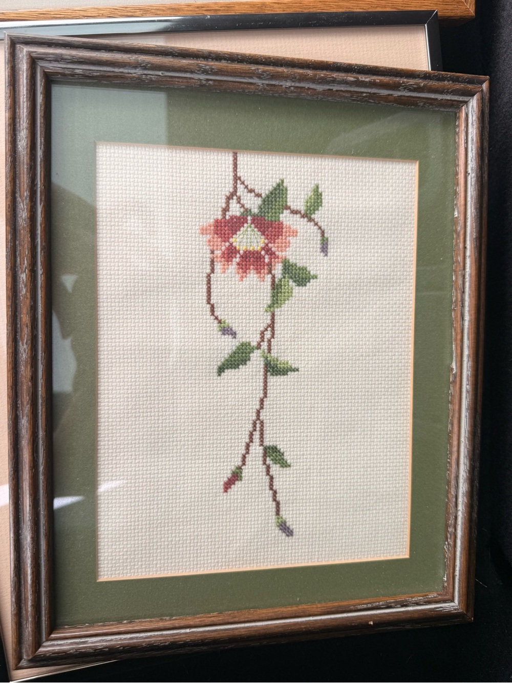 Framed Floral Cross-Stitch Art - Pink and Green Accent